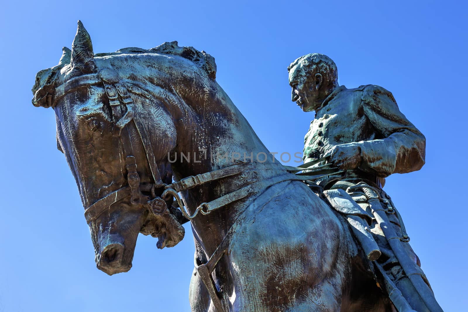 General Phil Sheridan Memorial Civil War Statue Sheridan Circle Embassy Row Pennsylvania Ave Washington DC.  Bronze statue dedicated in 1908; sculptor is Gutzon Borglum.  Public monument owned by the National Park Service. Statue depicts Sheridan riding his horse Rienzi to rally his troops at the Battle of Cedar Creek in 1864.