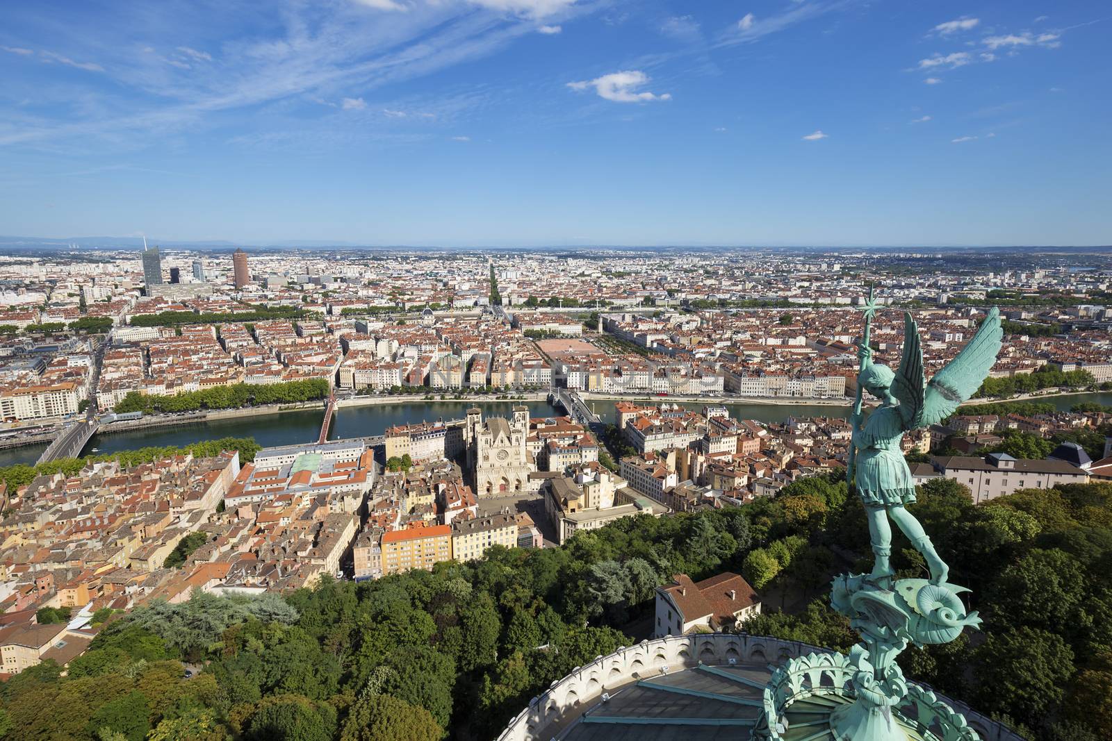 View of Lyon from the top of Notre Dame de Fourviere, France.