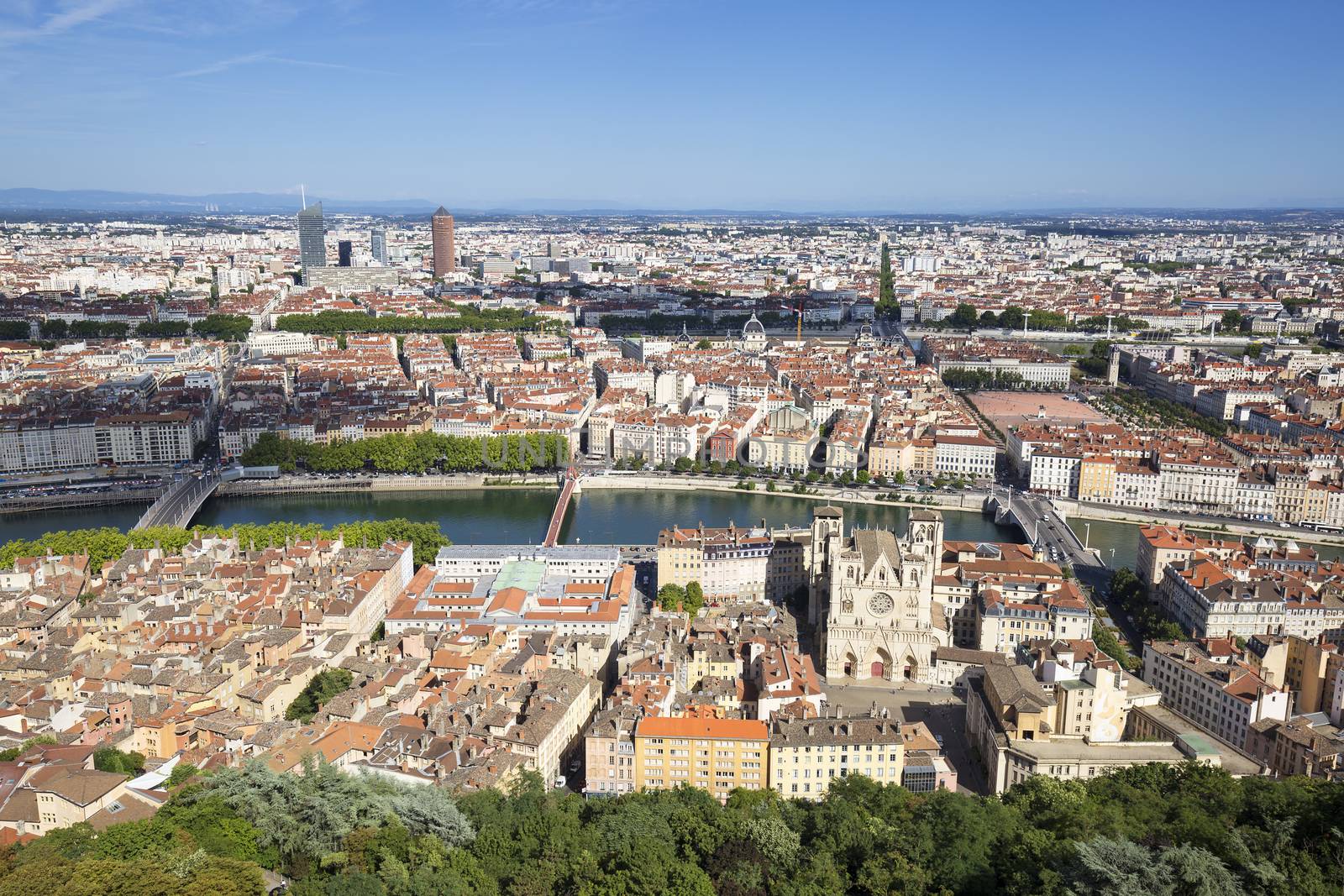Horizontal view of Lyon from the top of Notre Dame de Fourviere