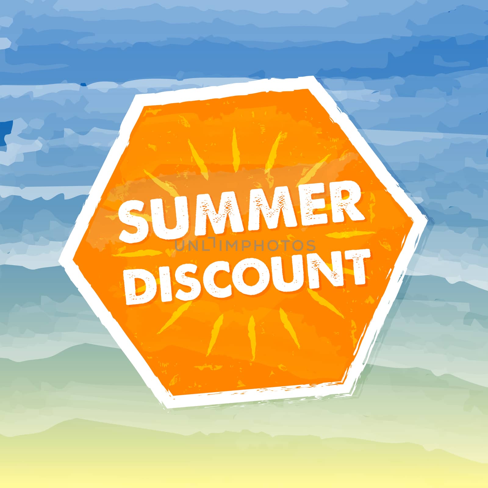 summer discount banner - text in orange hexagon label over yellow blue drawn background, business seasonal shopping concept