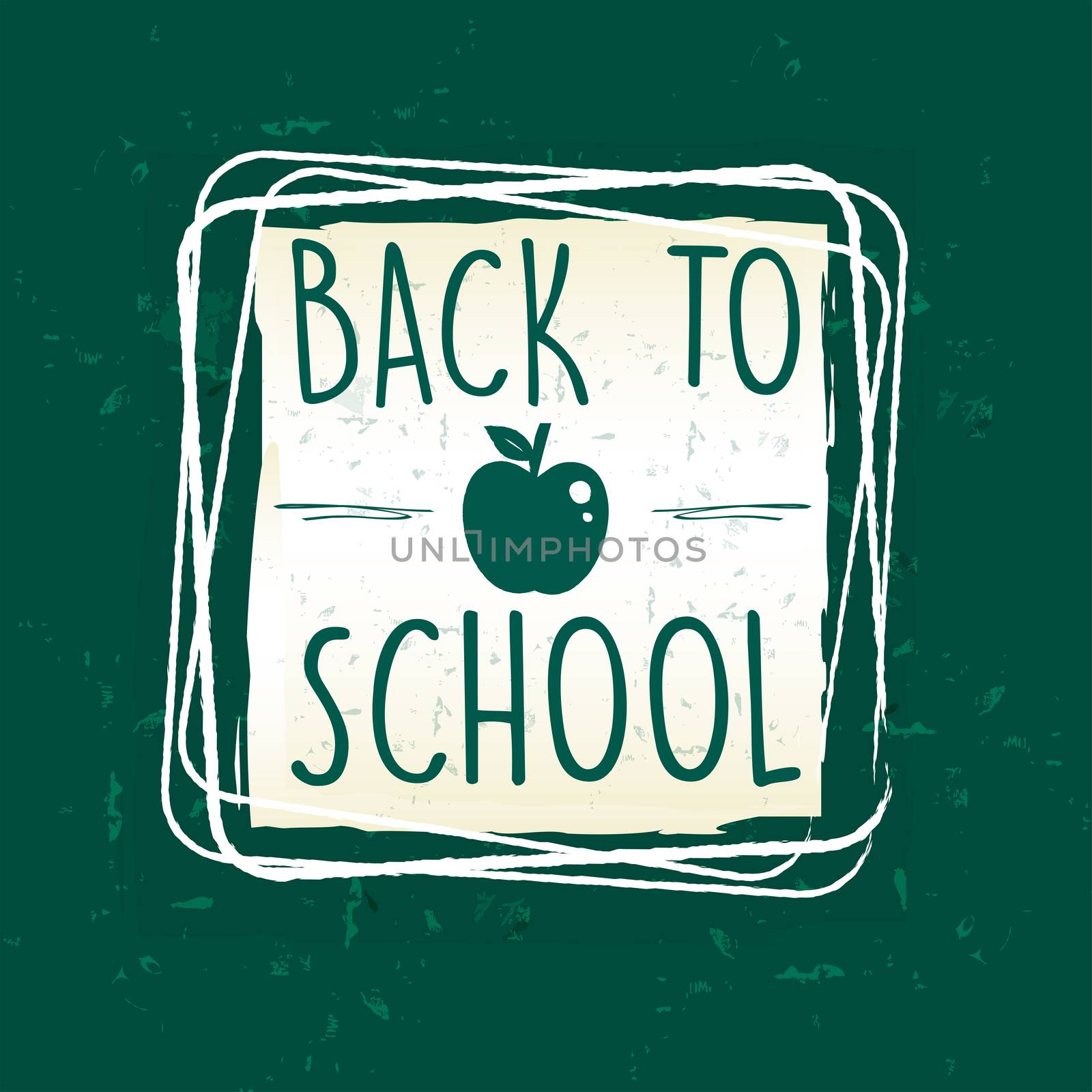 back to school text with apple symbol in frame over green old paper background, education concept