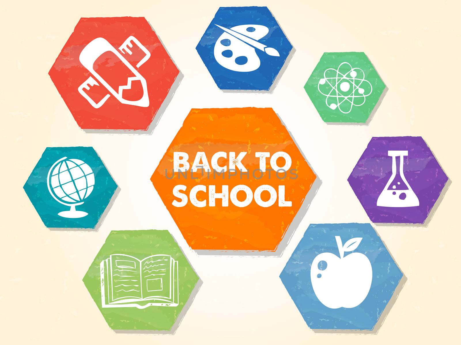 back to school text with signs, colorful grunge drawn flat design hexagons labels with educational symbols, education concept