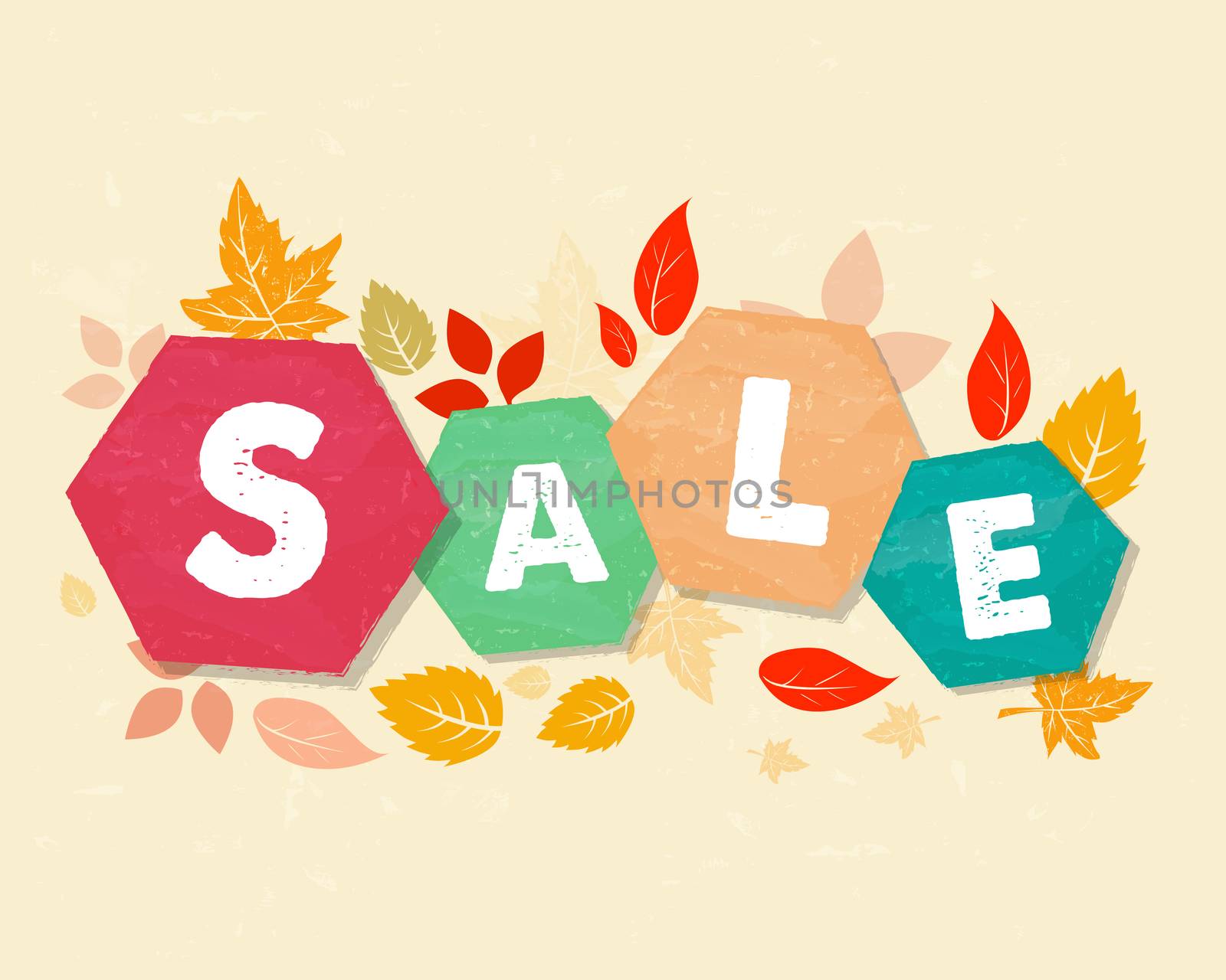 autumn sale with leaves, grunge drawn hexagons labels by marinini