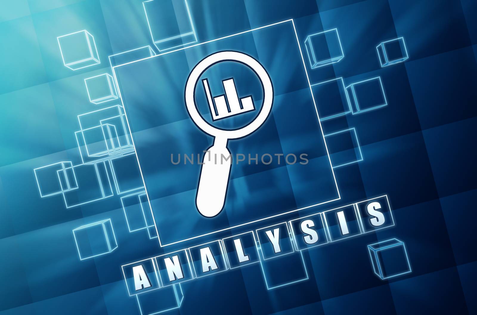 analysis and magnifying glass - text and search sign in 3d blue glass cubes with white letters, business technology exploration conceptual word