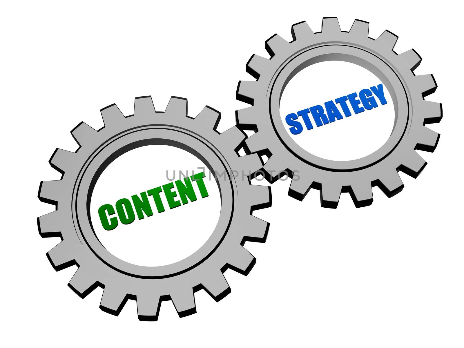 content strategy - text in 3d silver grey metal gear wheels, business concept words