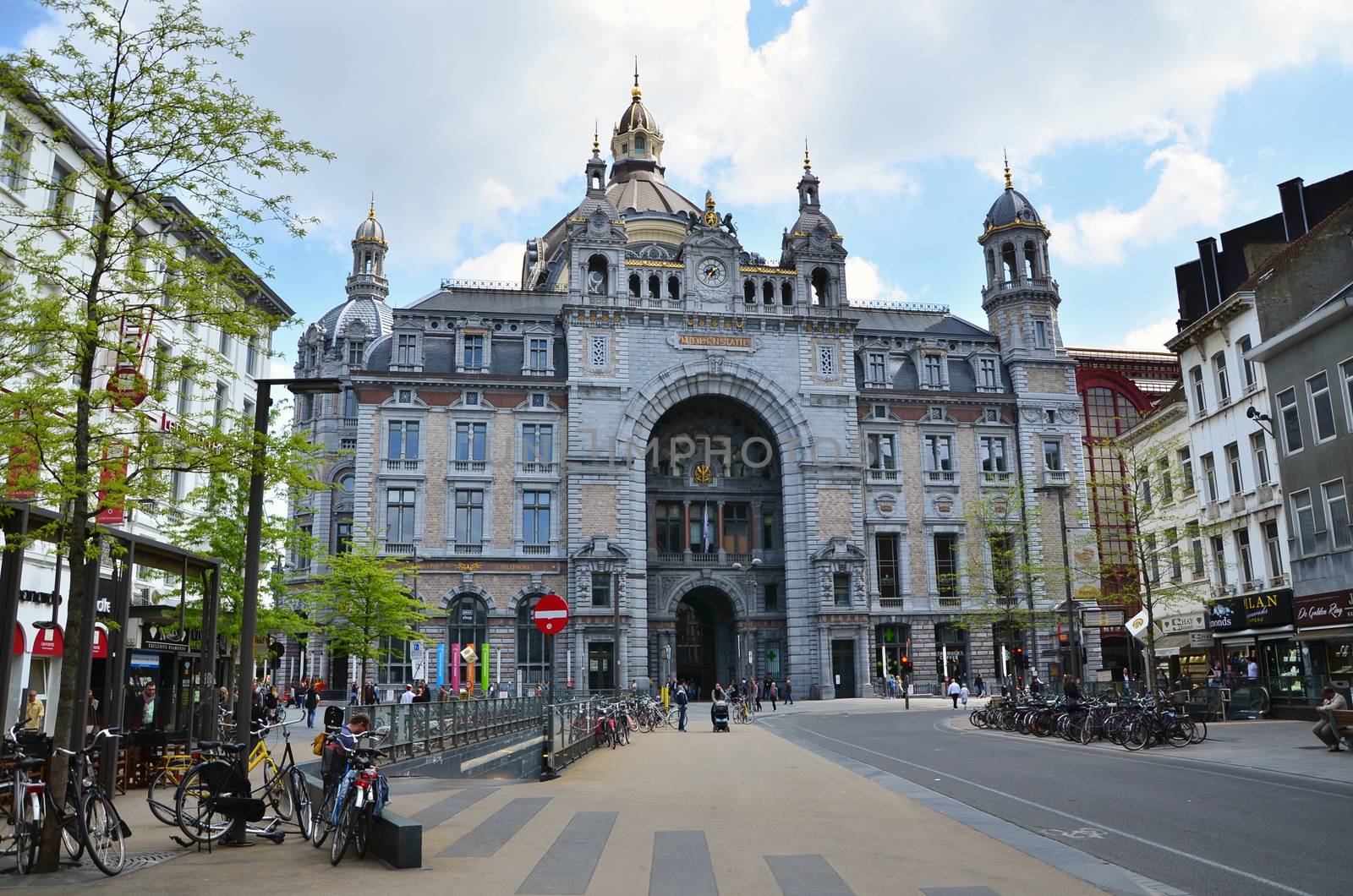 Antwerp, Belgium - May 11, 2015: Exterior of Antwerp main railway station on  May 11, 2015 in Antwerp, Belgium. The original station building was constructed between 1895 and 1905.