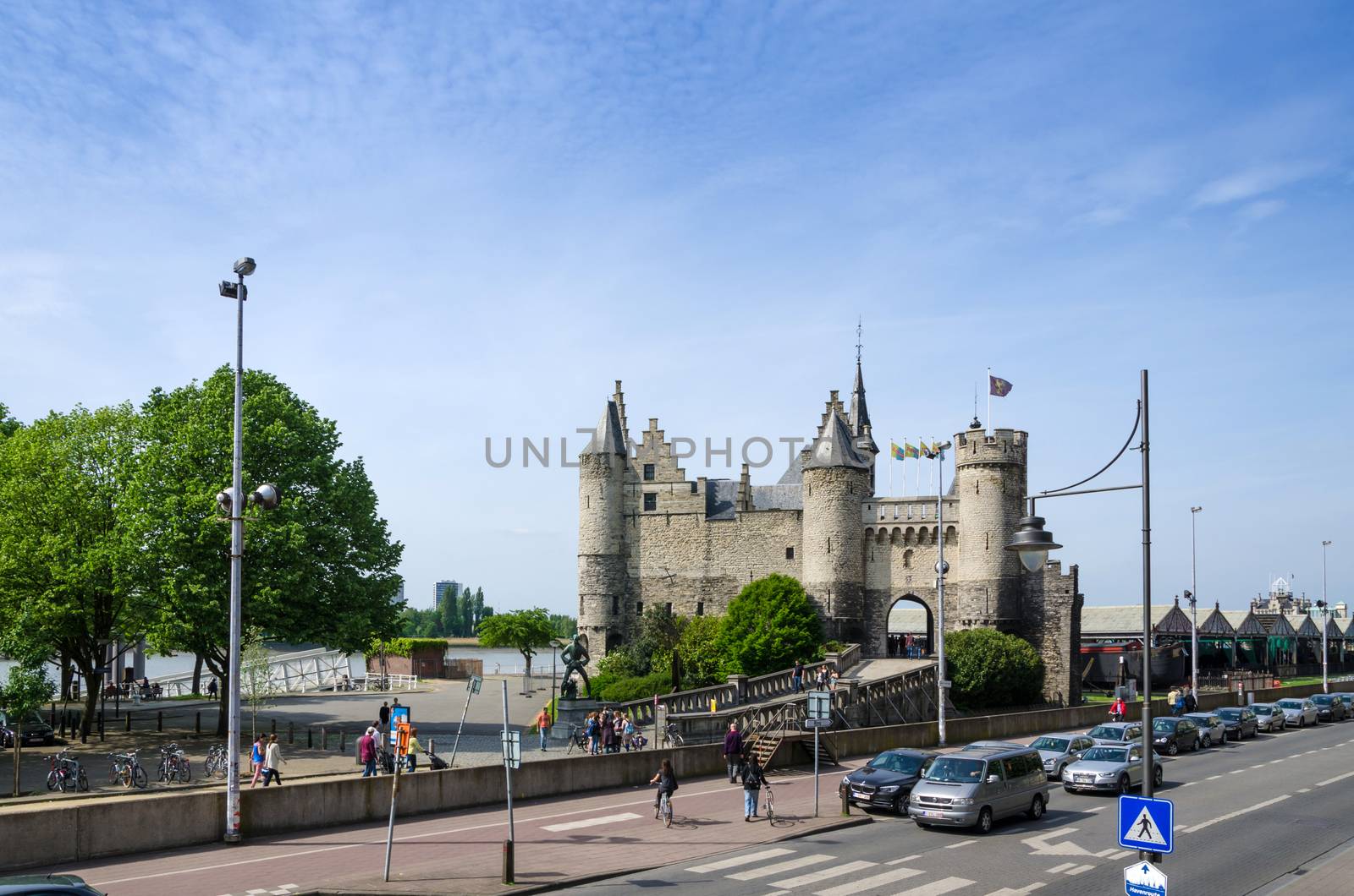 Antwerp, Belgium - May 11, 2015: People visit Steen Castle (Het steen) on May 11, 2015. Het Steen is a medieval fortress in the old city centre of Antwerp, Belgium.