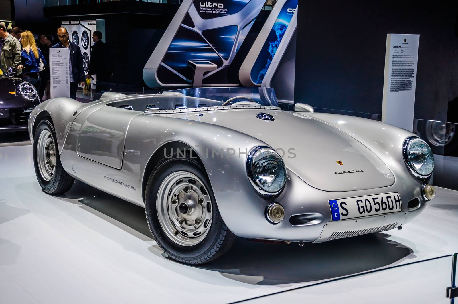 MOSCOW, RUSSIA - AUG 2012: PORSCHE SPYDER 550 presented as world premiere at the 16th MIAS (Moscow International Automobile Salon) on August 30, 2012 in Moscow, Russia