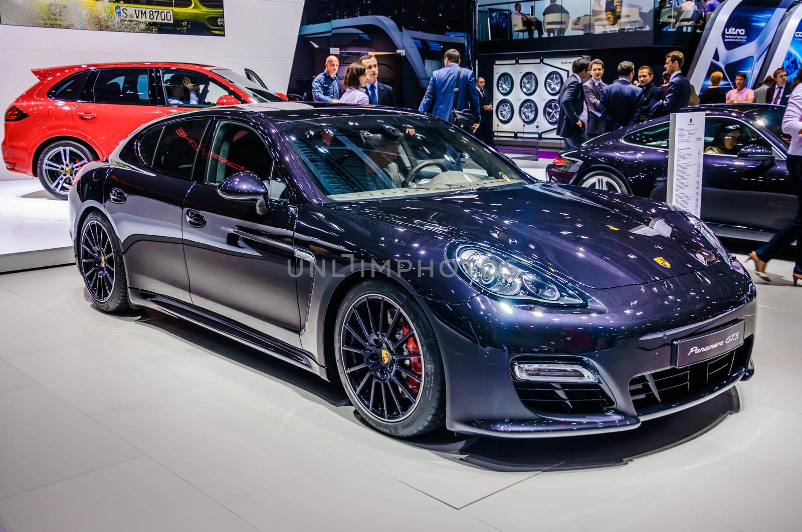 MOSCOW, RUSSIA - AUG 2012: PORSCHE PANAMERA GTS E2B presented as world premiere at the 16th MIAS (Moscow International Automobile Salon) on August 30, 2012 in Moscow, Russia