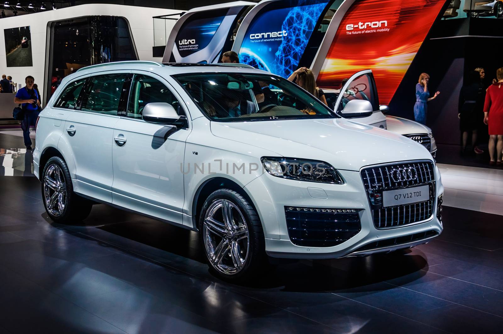 MOSCOW, RUSSIA - AUG 2012: AUDI Q7 V12 TDI presented as world premiere at the 16th MIAS (Moscow International Automobile Salon) on August 30, 2012 in Moscow, Russia