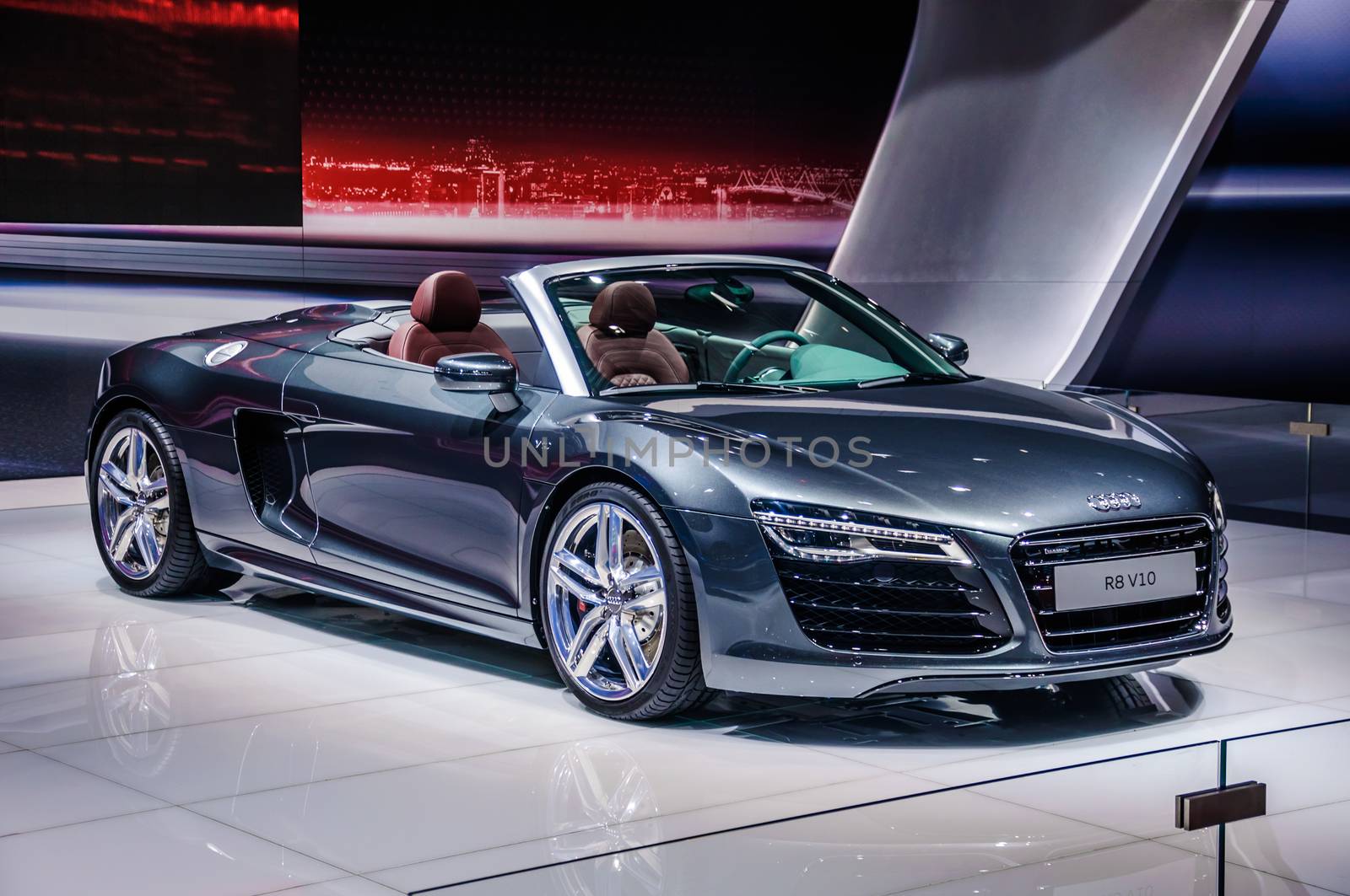 MOSCOW, RUSSIA - AUG 2012: AUDI R8 SPYDER V10 presented as world premiere at the 16th MIAS (Moscow International Automobile Salon) on August 30, 2012 in Moscow, Russia