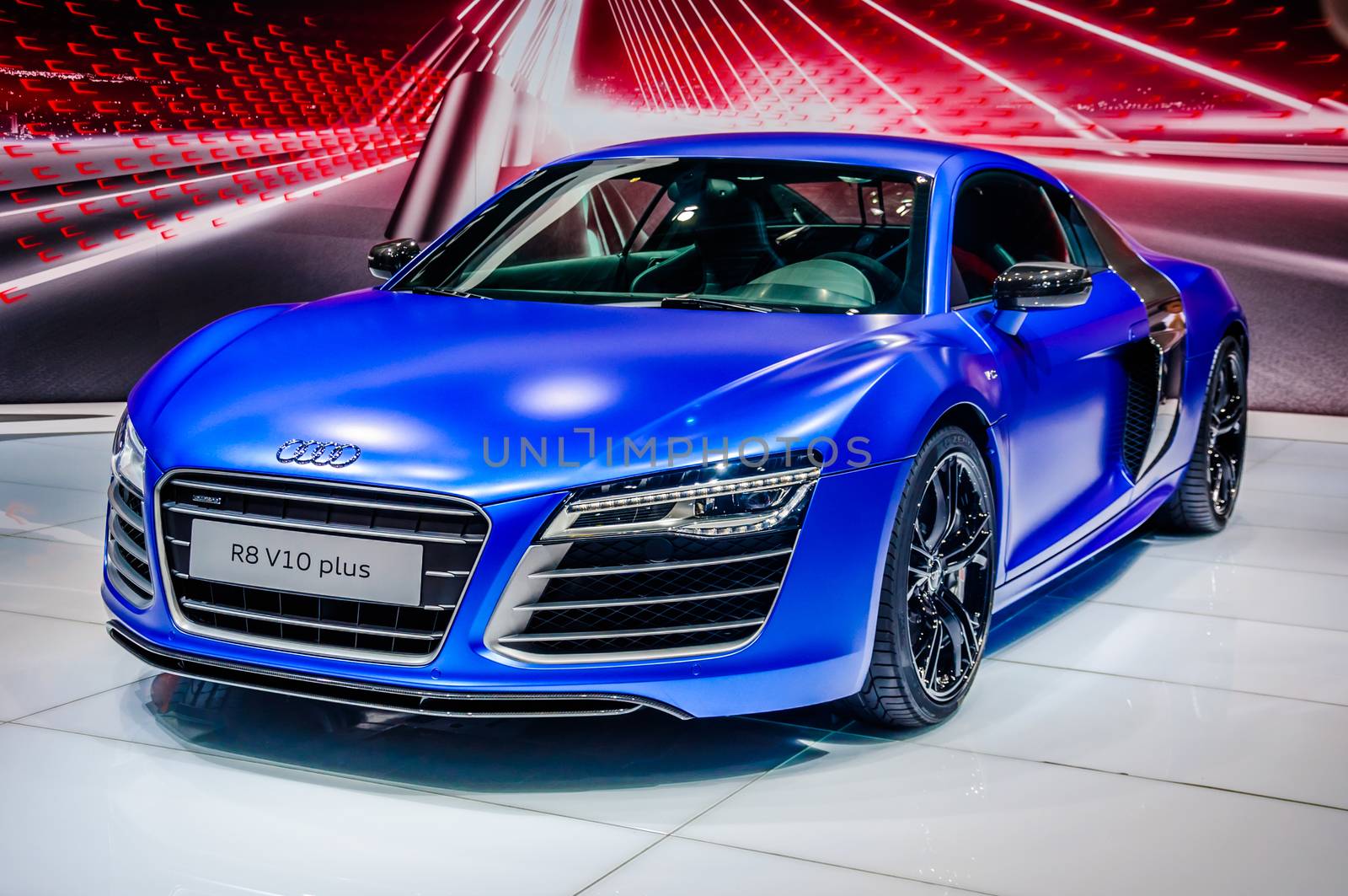 MOSCOW, RUSSIA - AUG 2012: AUDI R8 V10 PLUS presented as world premiere at the 16th MIAS (Moscow International Automobile Salon) on August 30, 2012 in Moscow, Russia