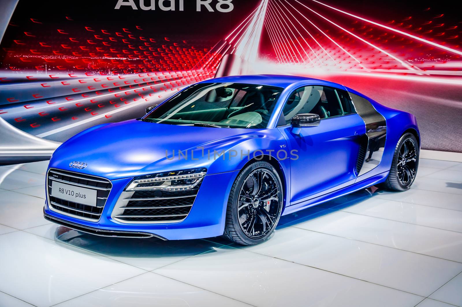 MOSCOW, RUSSIA - AUG 2012: AUDI R8 V10 PLUS presented as world premiere at the 16th MIAS (Moscow International Automobile Salon) on August 30, 2012 in Moscow, Russia