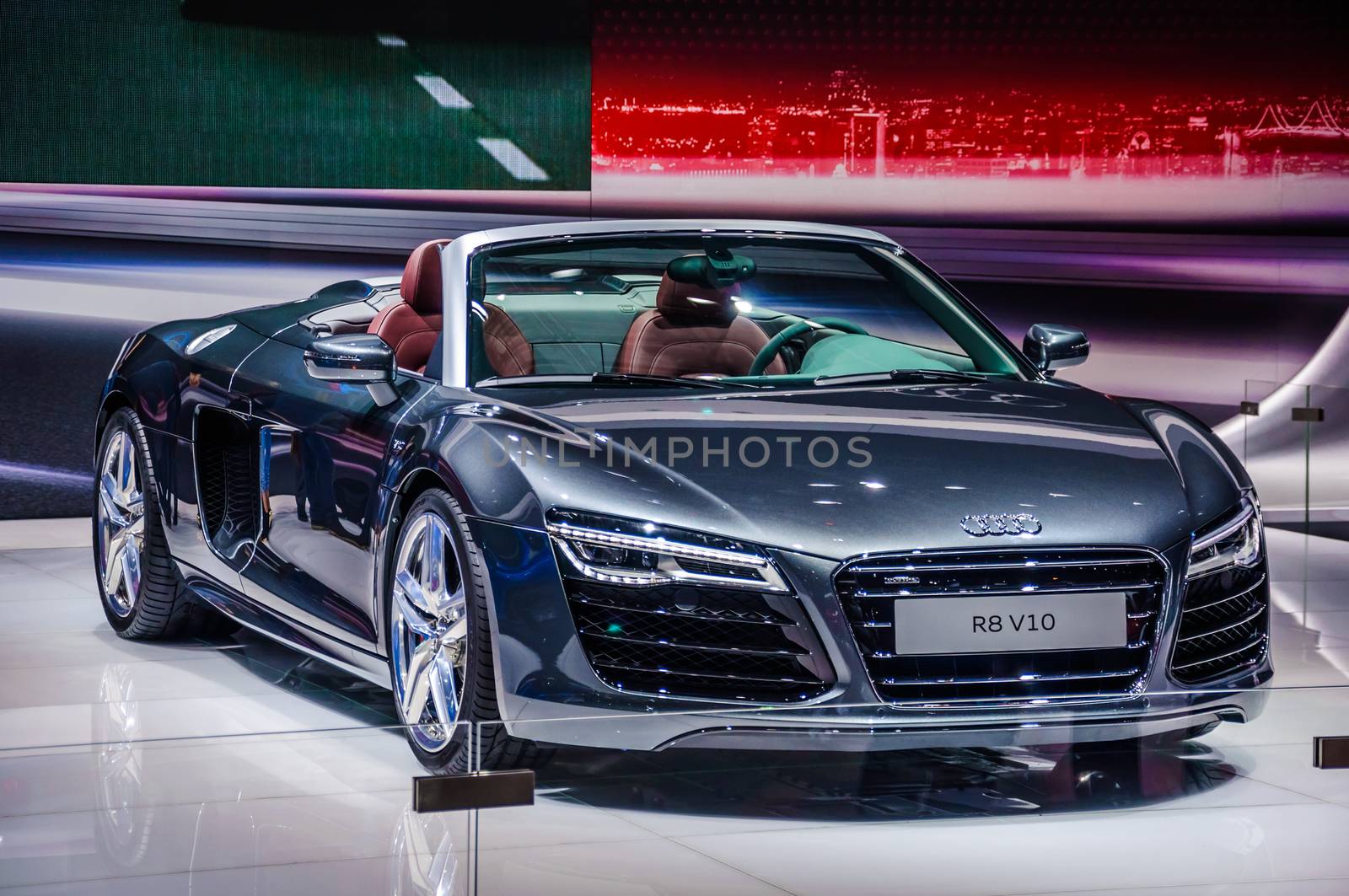 MOSCOW, RUSSIA - AUG 2012: AUDI R8 SPYDER V10 presented as world premiere at the 16th MIAS (Moscow International Automobile Salon) on August 30, 2012 in Moscow, Russia