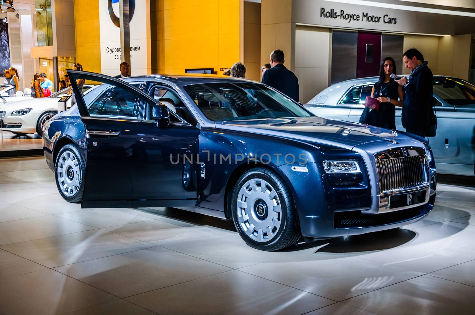 MOSCOW, RUSSIA - AUG 2012: ROLLS-ROYCE GOHST presented as world premiere at the 16th MIAS (Moscow International Automobile Salon) on August 30, 2012 in Moscow, Russia