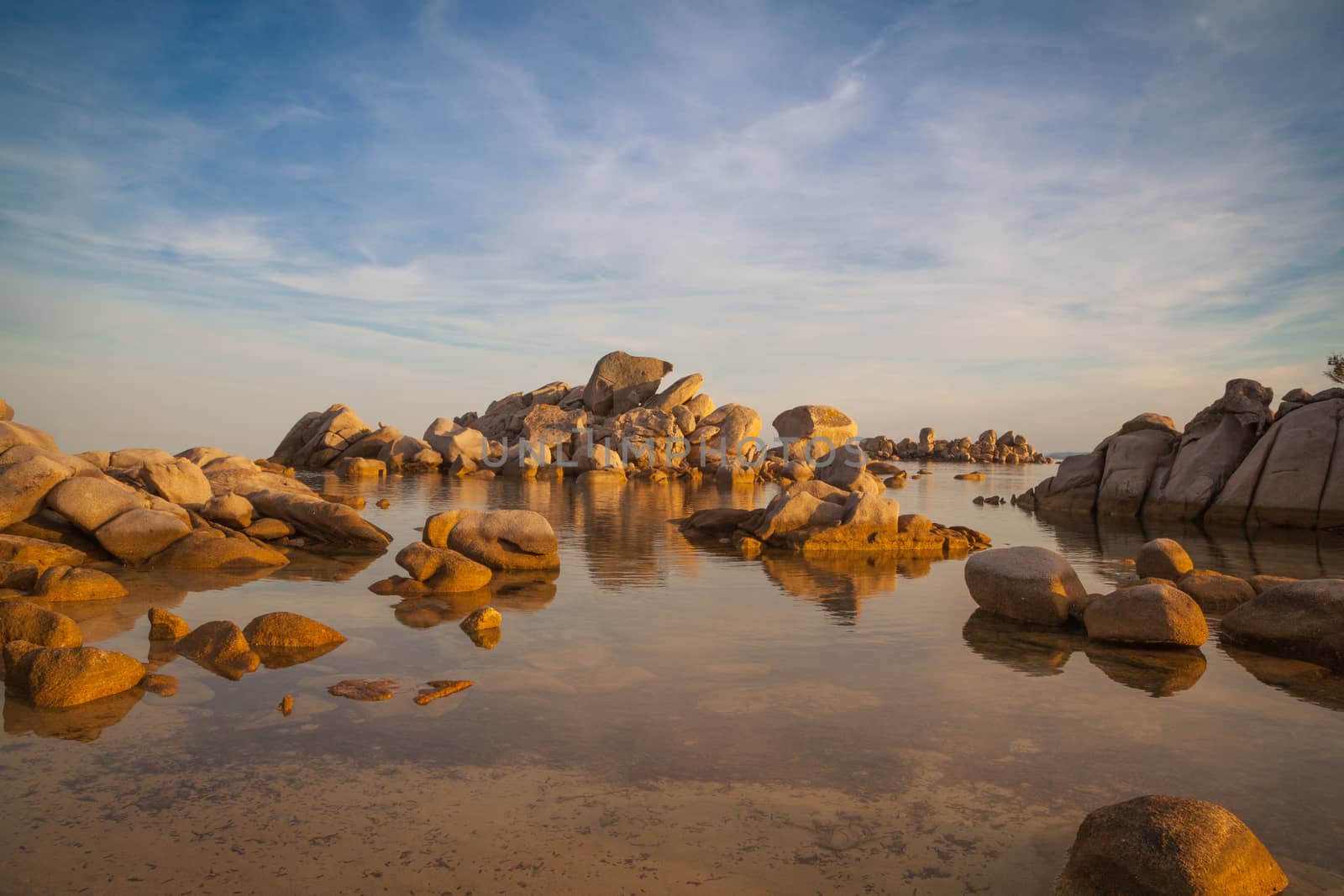 Trees and rocks at the beach of Palombaggia, the most famous beach of Corsica