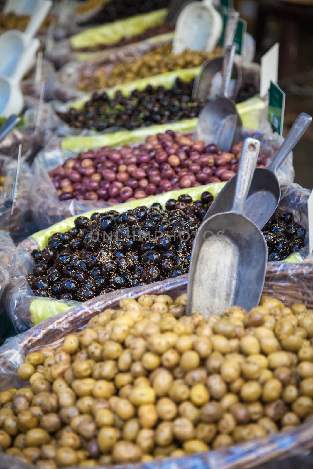 Marinated olives on a market in Provence, France