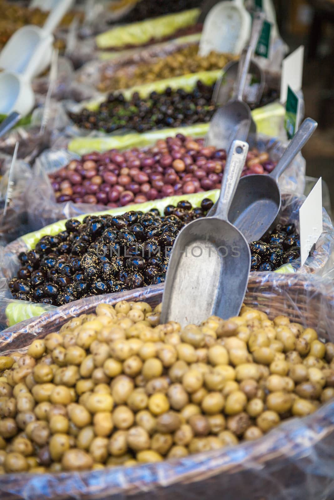 Marinated olives on a market in Provence, France