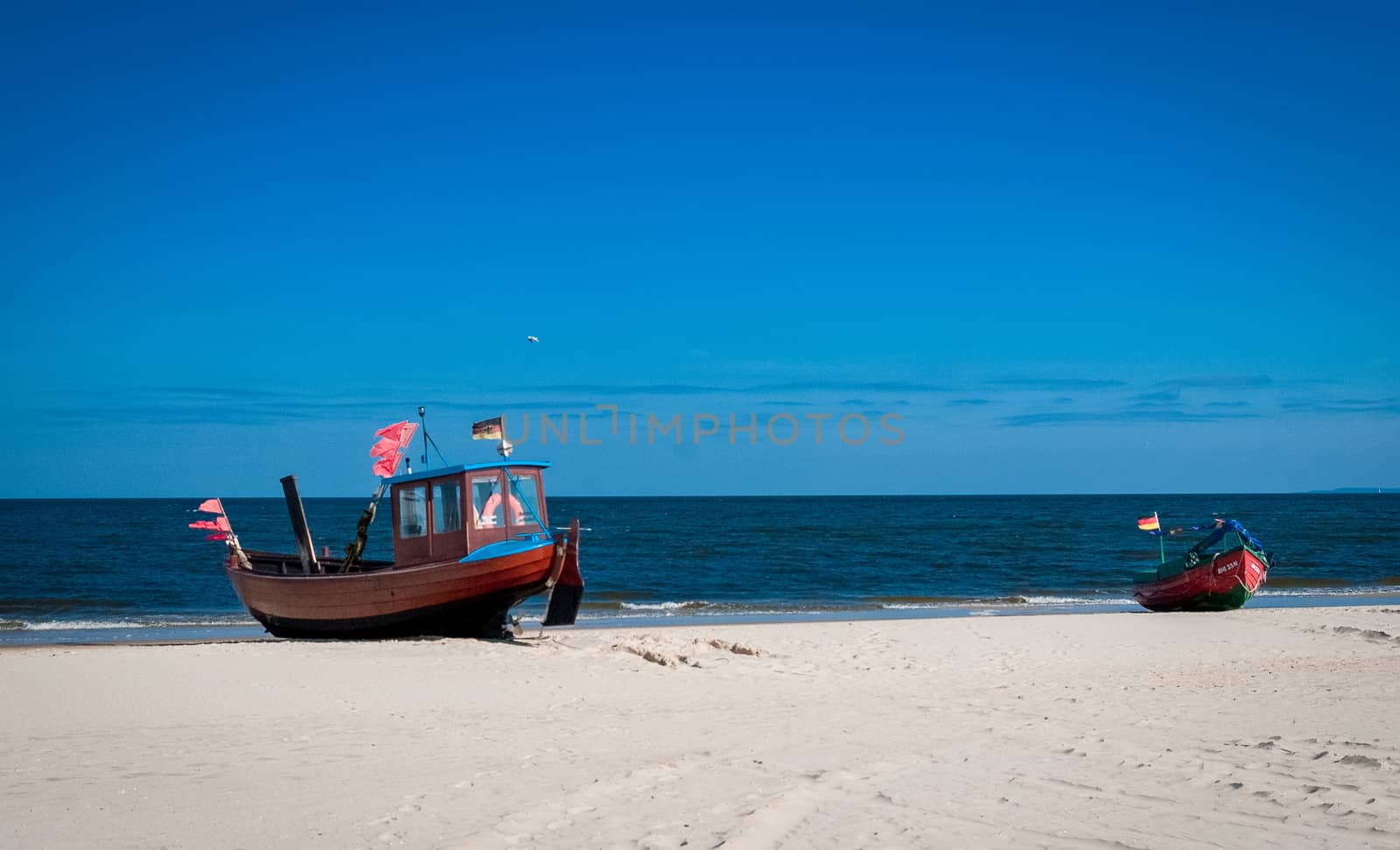 Fishing boats lying on the beach of Usedom Baltic Sea