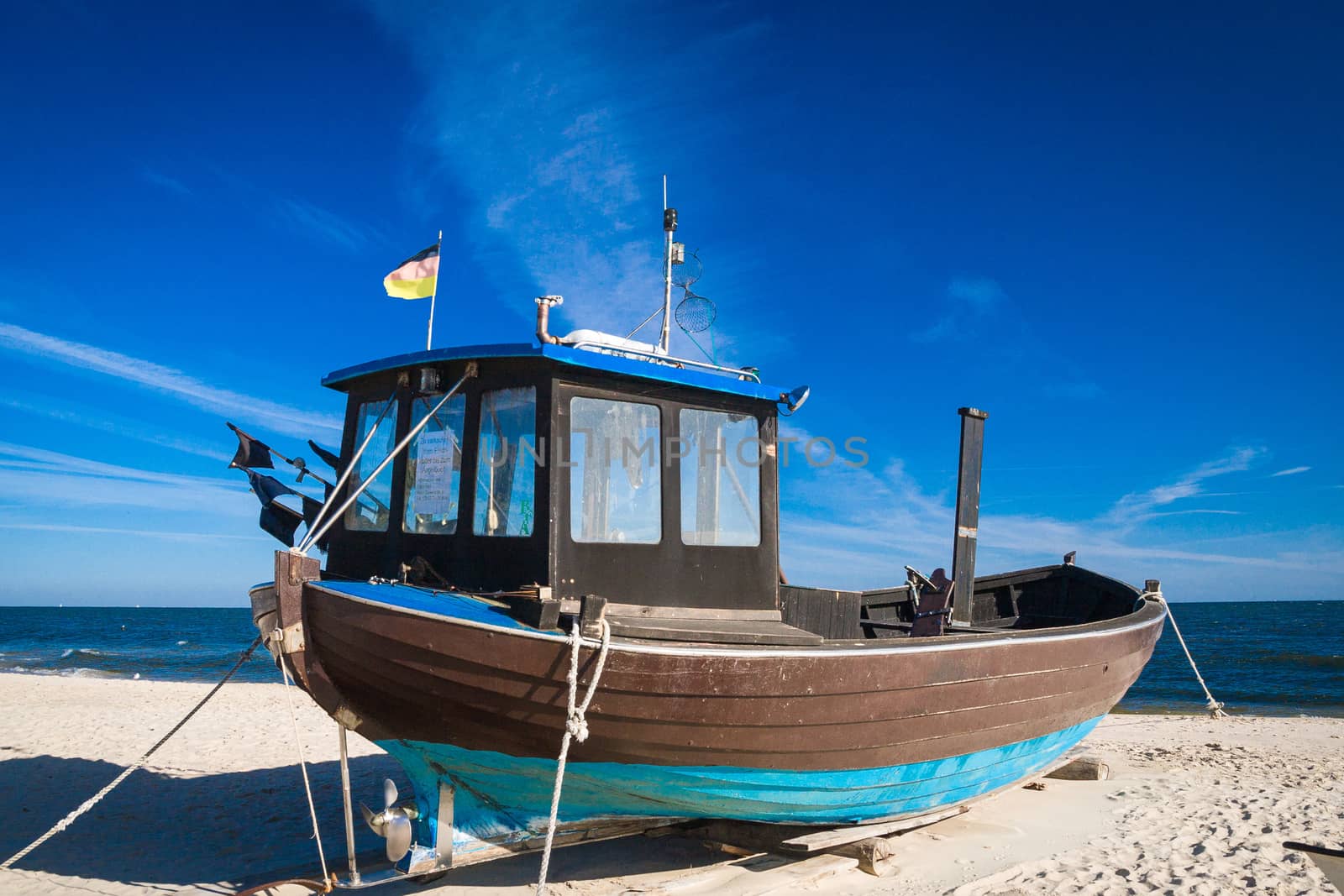 Fishing boats lying on the beach of Usedom Baltic Sea