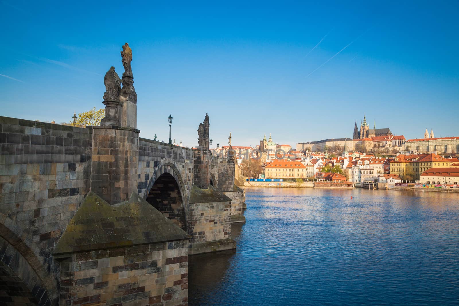 View over the Vltava river with Charles Bridge and Prague Castle