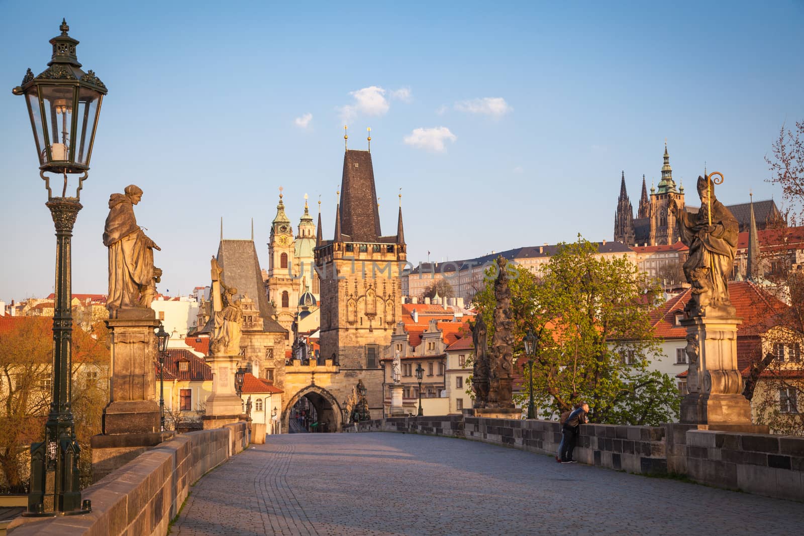 The western tower of the Charles Bridge with view to Prague Castle