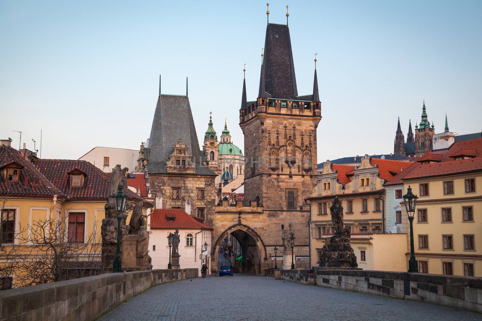 The western tower of the Charles Bridge with view to Prague Castle