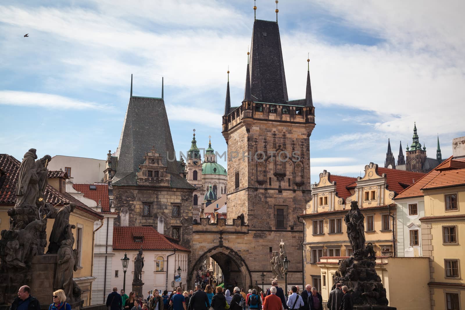 The western tower of the Charles Bridge with view to Prague Castle