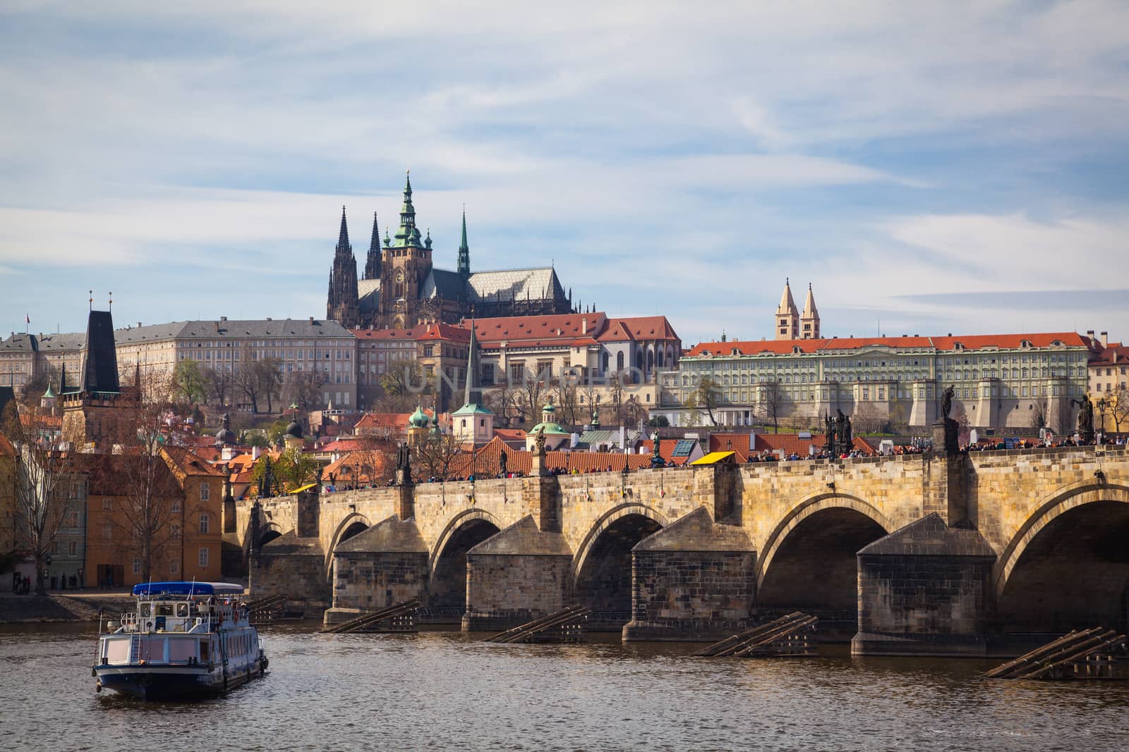 View over the Vltava river with Charles Bridge and Prague Castle