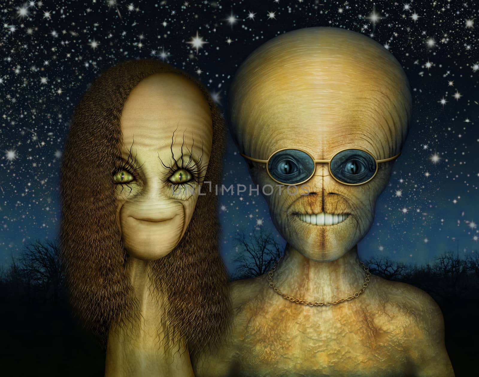 Alien couple standing together with the night sky in the background.