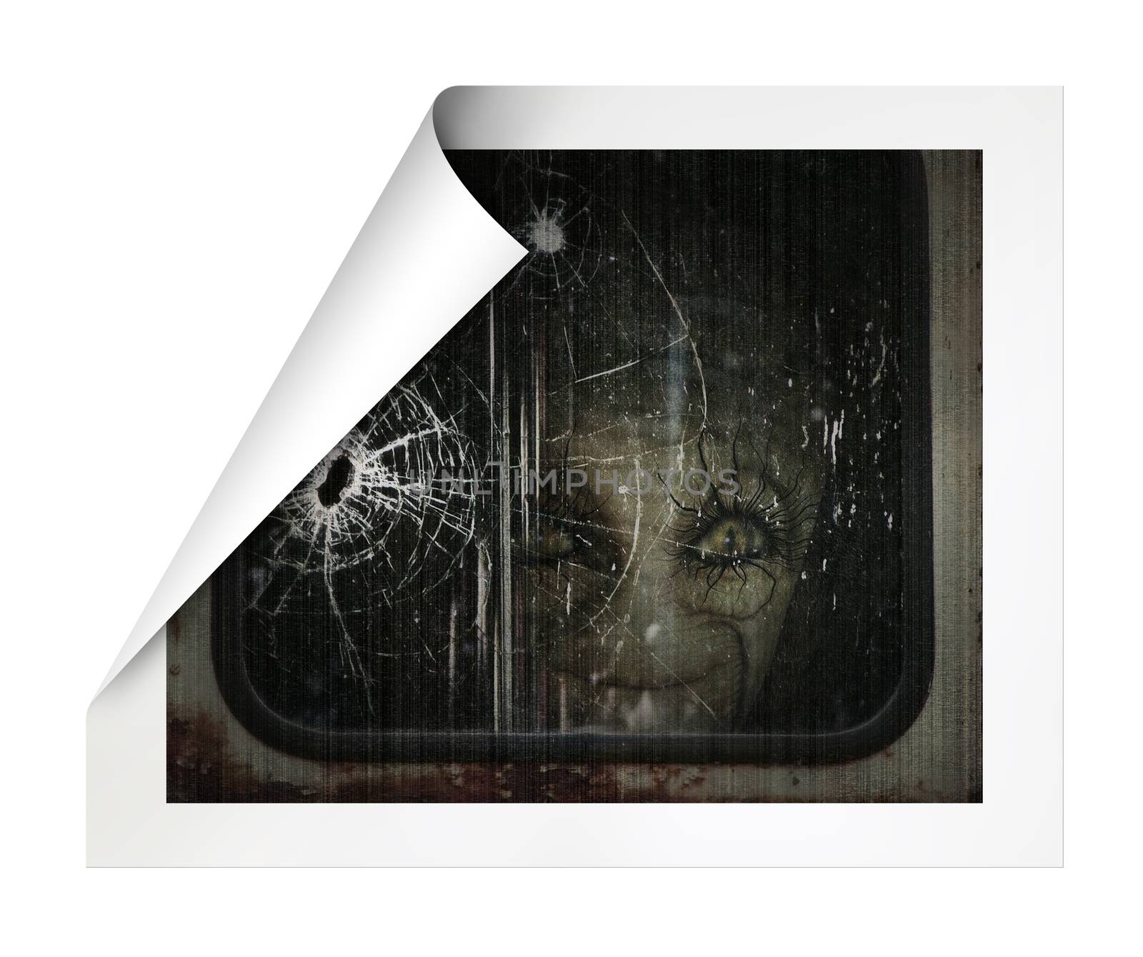 Digital Illustration of a photo of an alien looking through a train window.