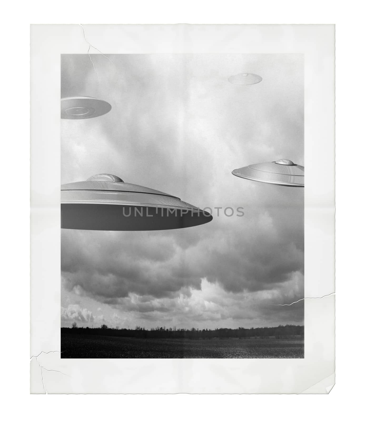 Photo and Digital Illustration of UFOs.