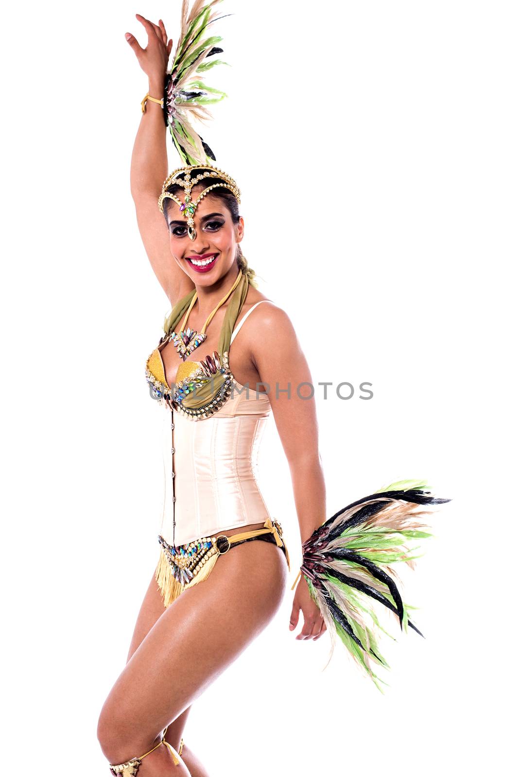 Beautiful woman posing in carnival costume over white
