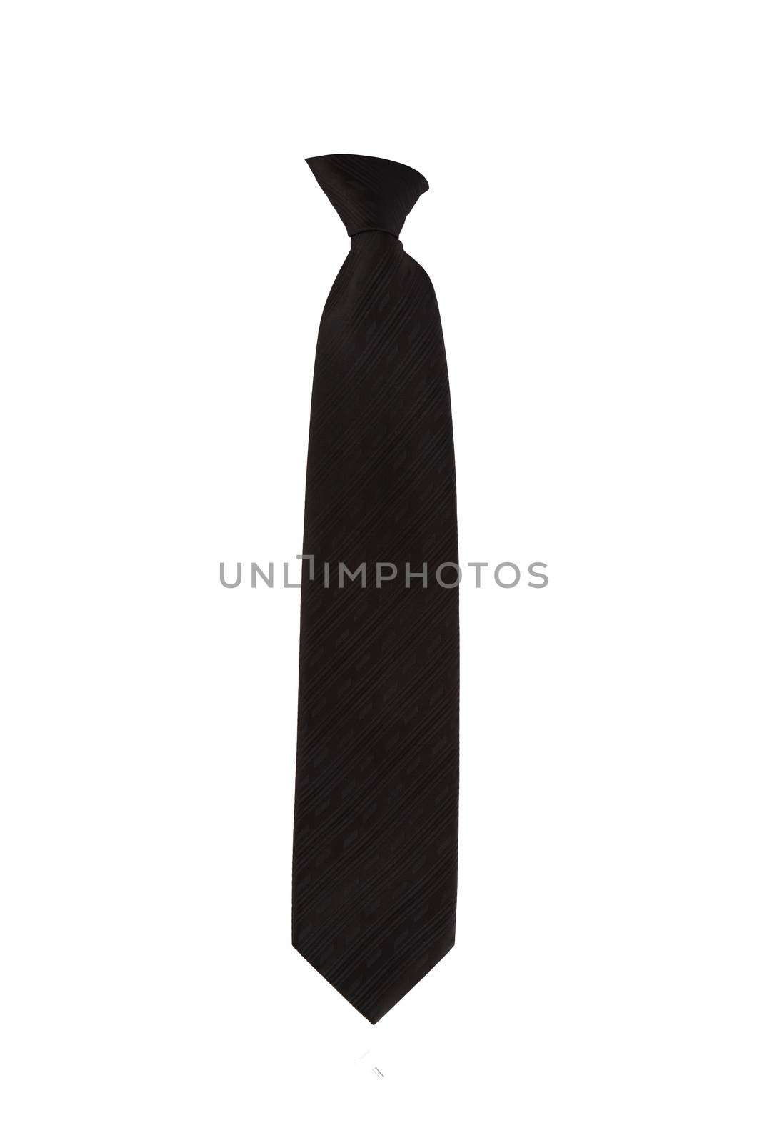 Close up front view of tied up black silk necktie, isolated on white background.