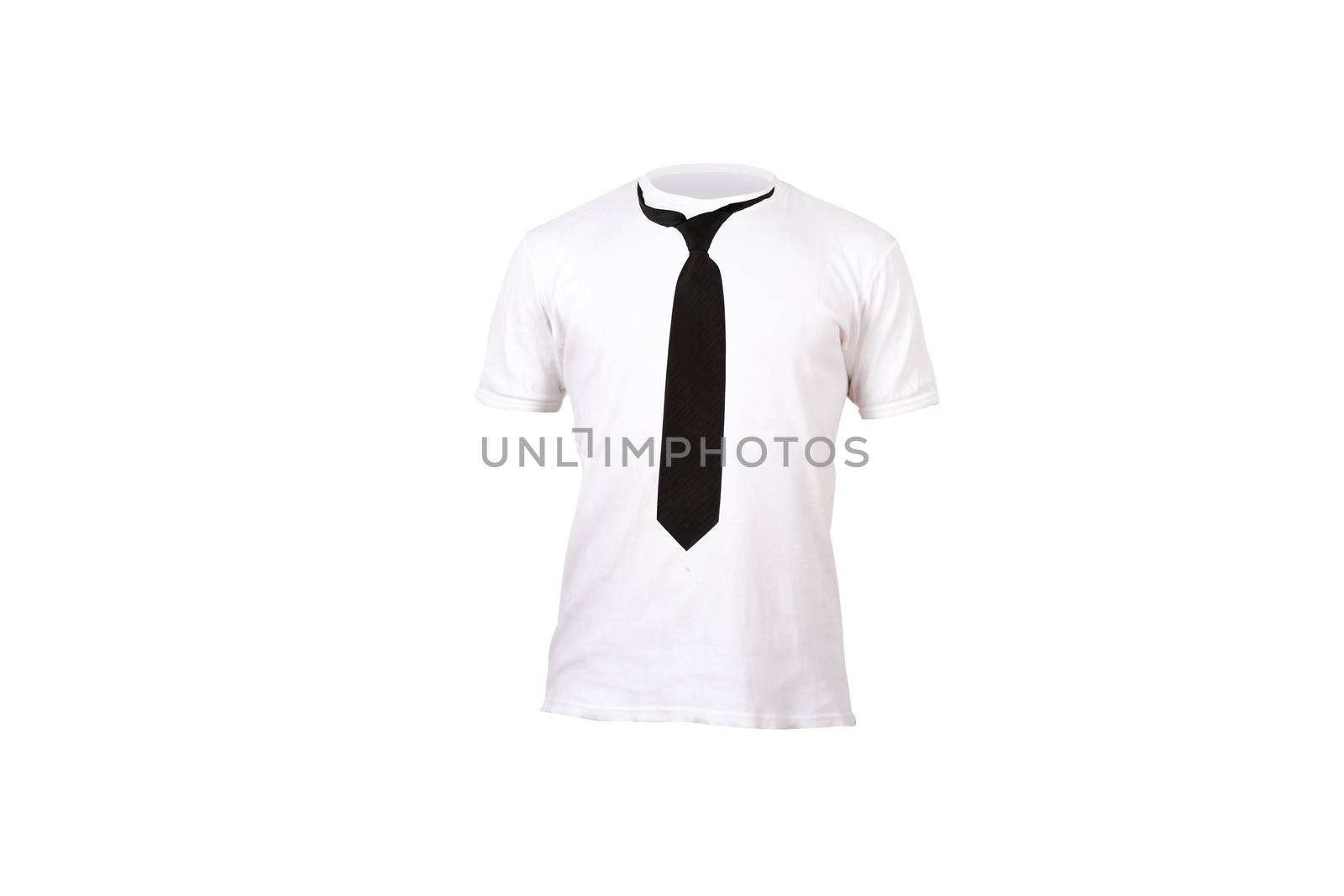 Close up front view of tied up black silk necktie on a tshirt, isolated on white background.
