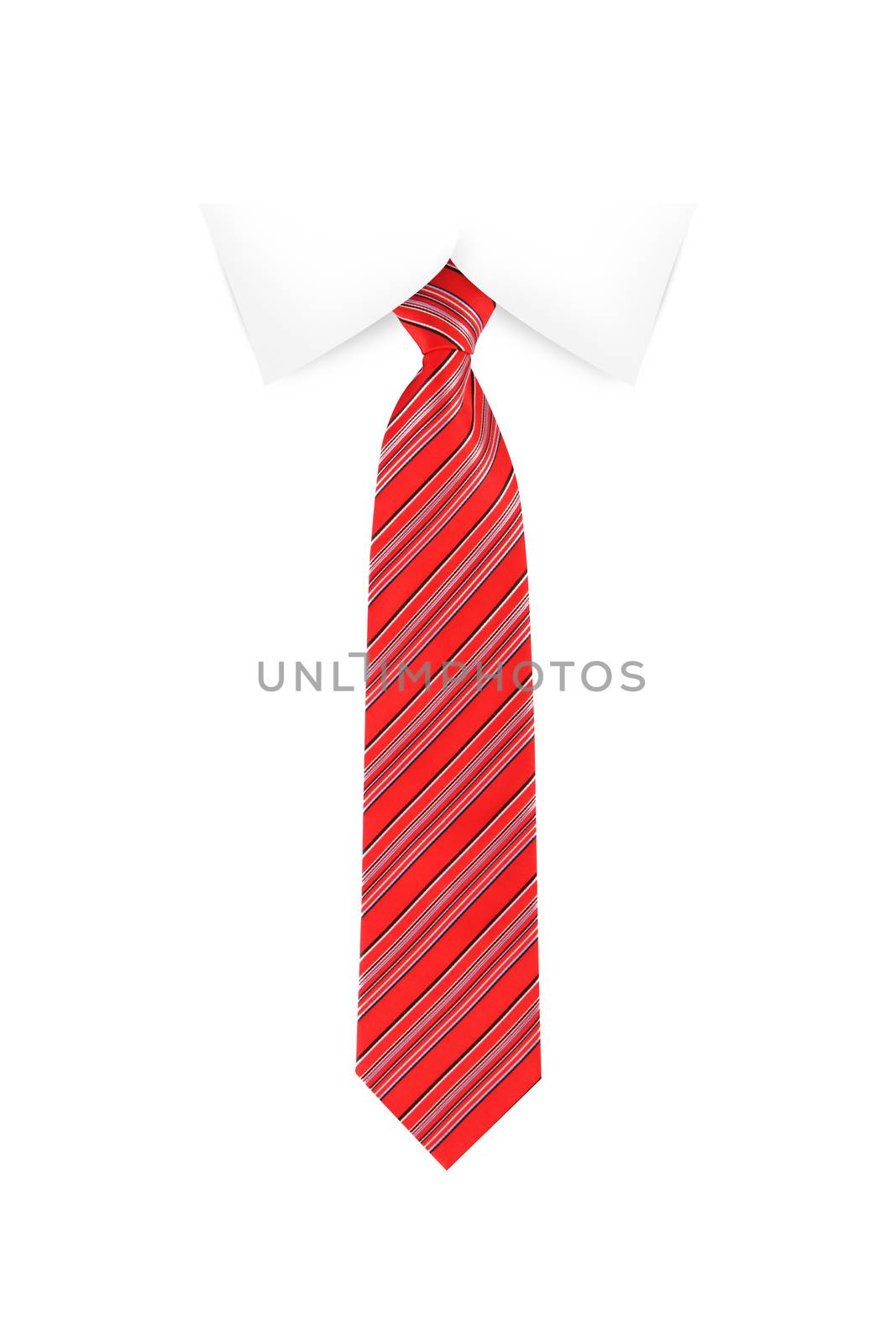 Close up front view of tied up red striped necktie on a shirt collar, isolated on white background.