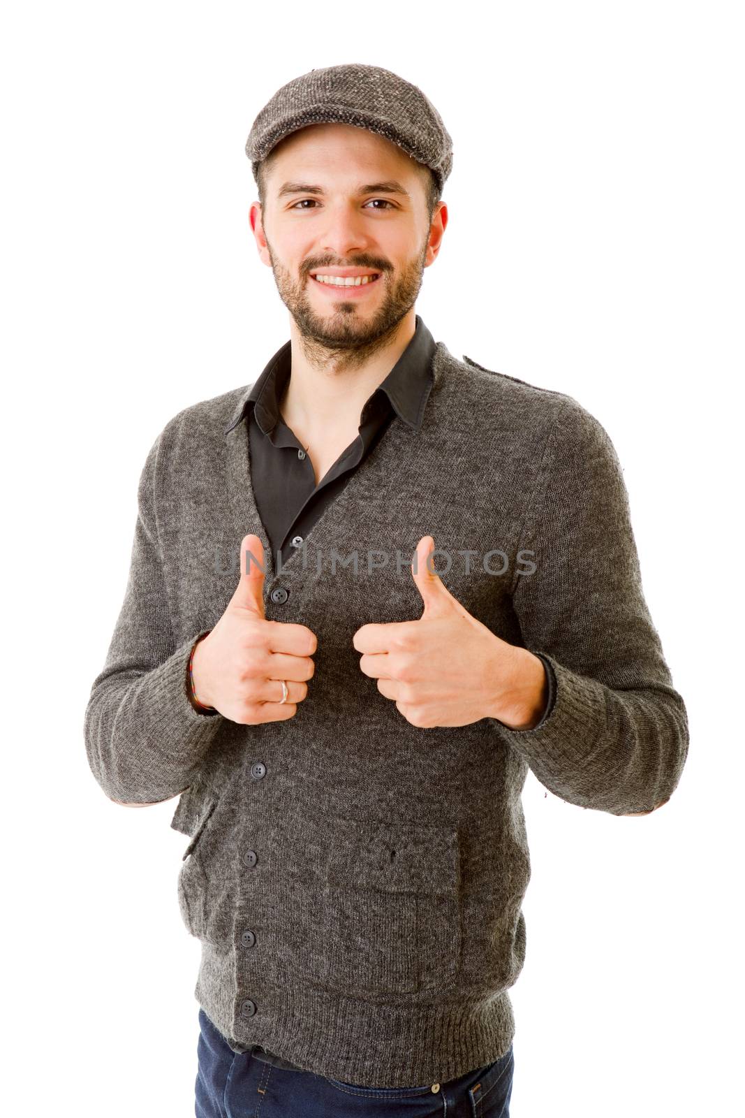 young casual man going thumbs up, isolated on white background