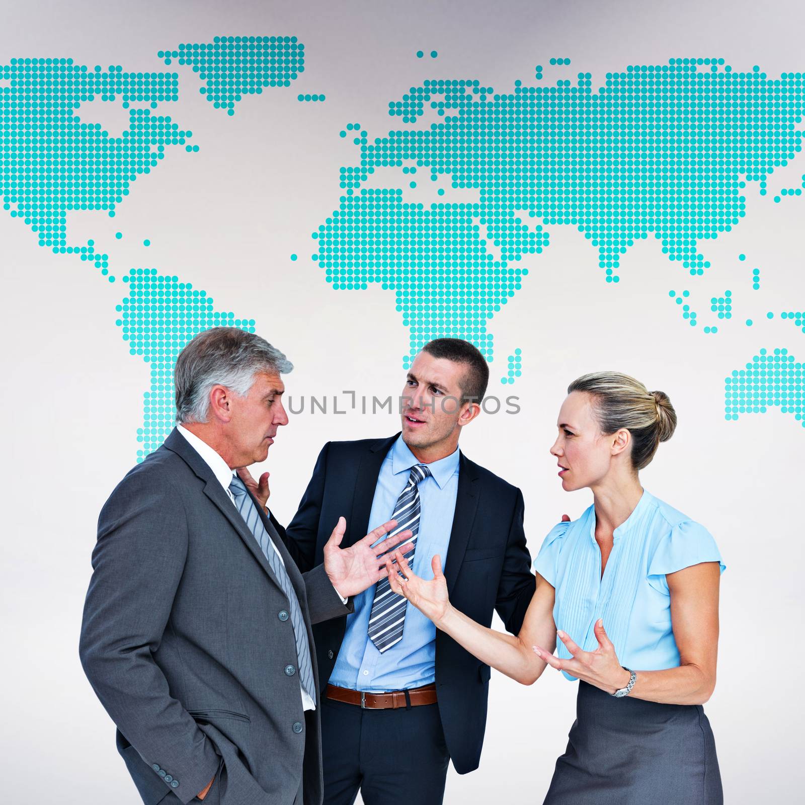 Business people having a disagreement against green world map on white background