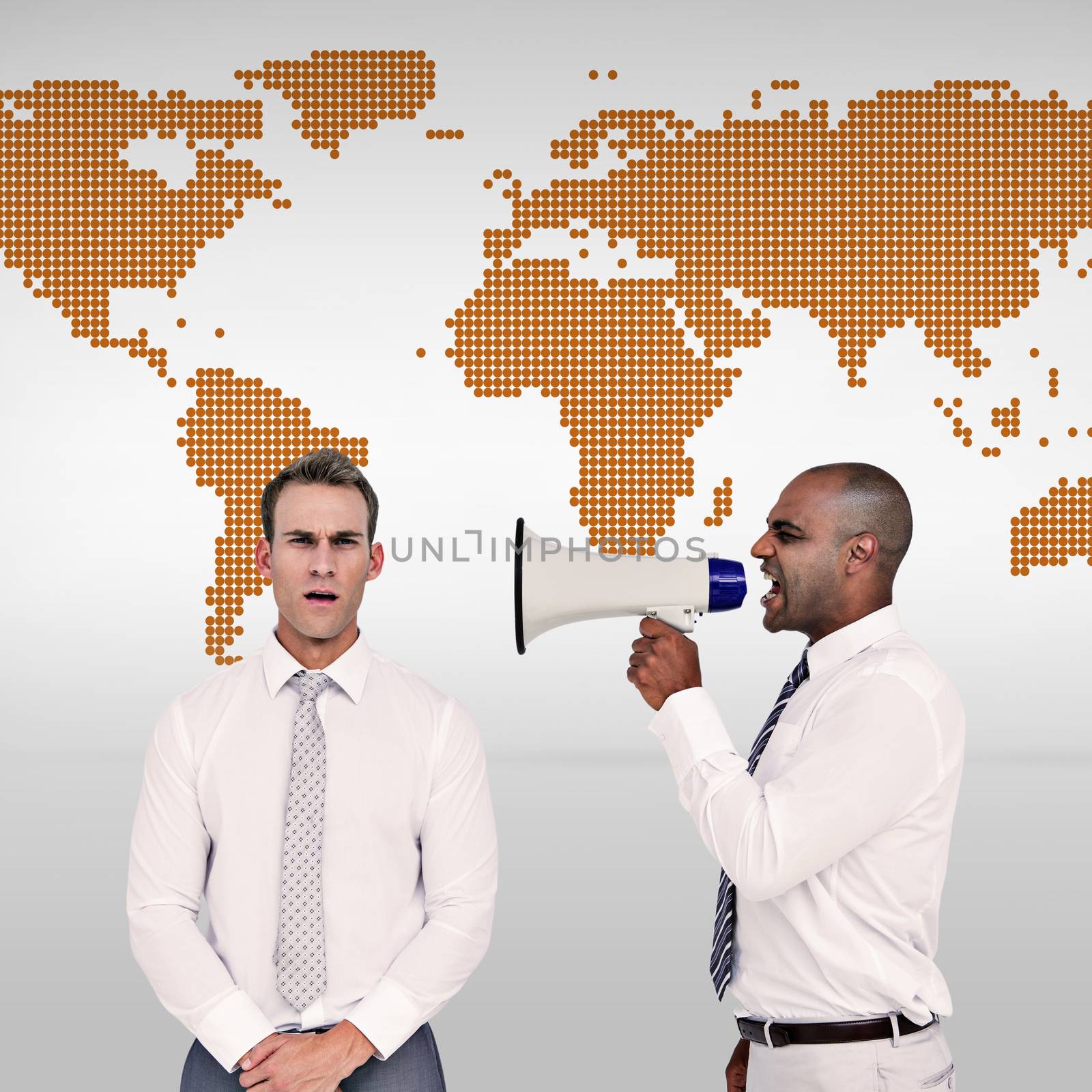 Composite image of businessman yelling with a megaphone at his colleague by Wavebreakmedia