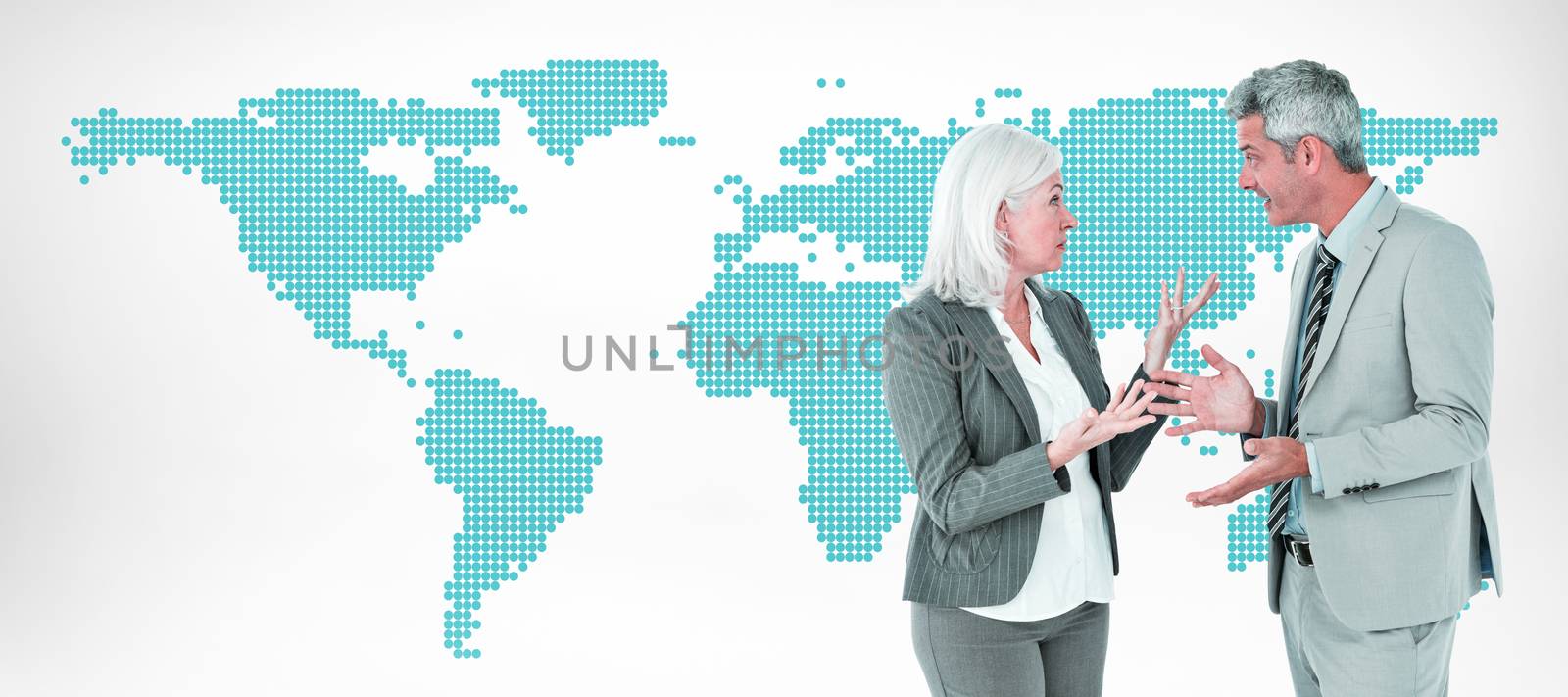 businesswoman angry against her colleague arguing against green world map on white background