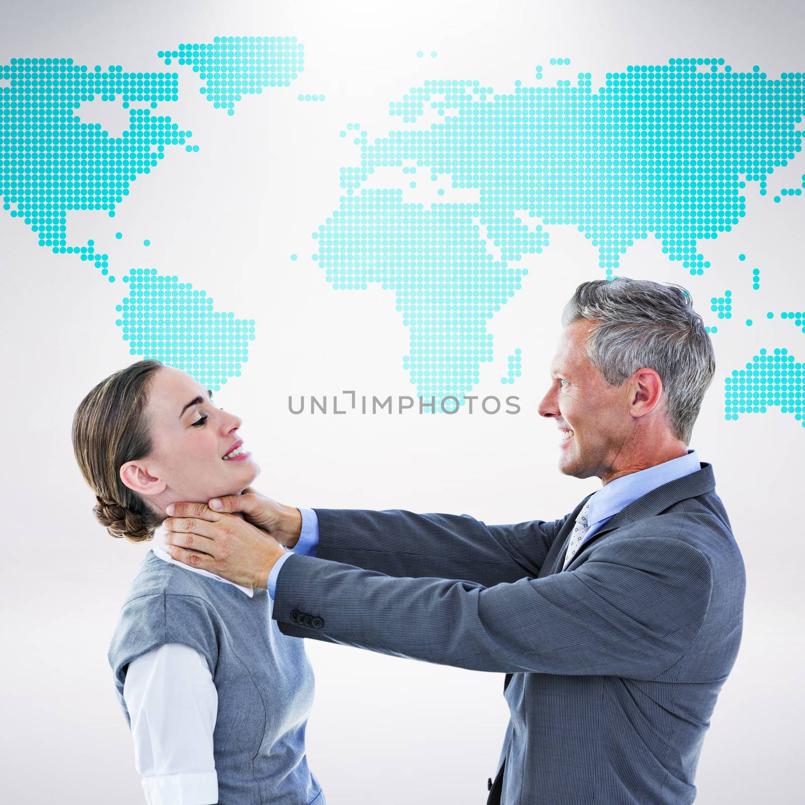 Business team fighting against green world map on white background
