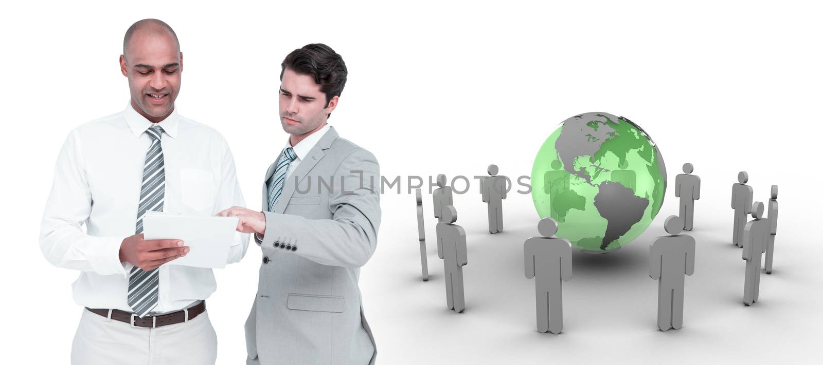 Businessmen working together against earth surrounded by men