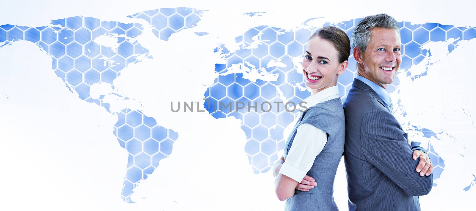 happy business team  against background with world map