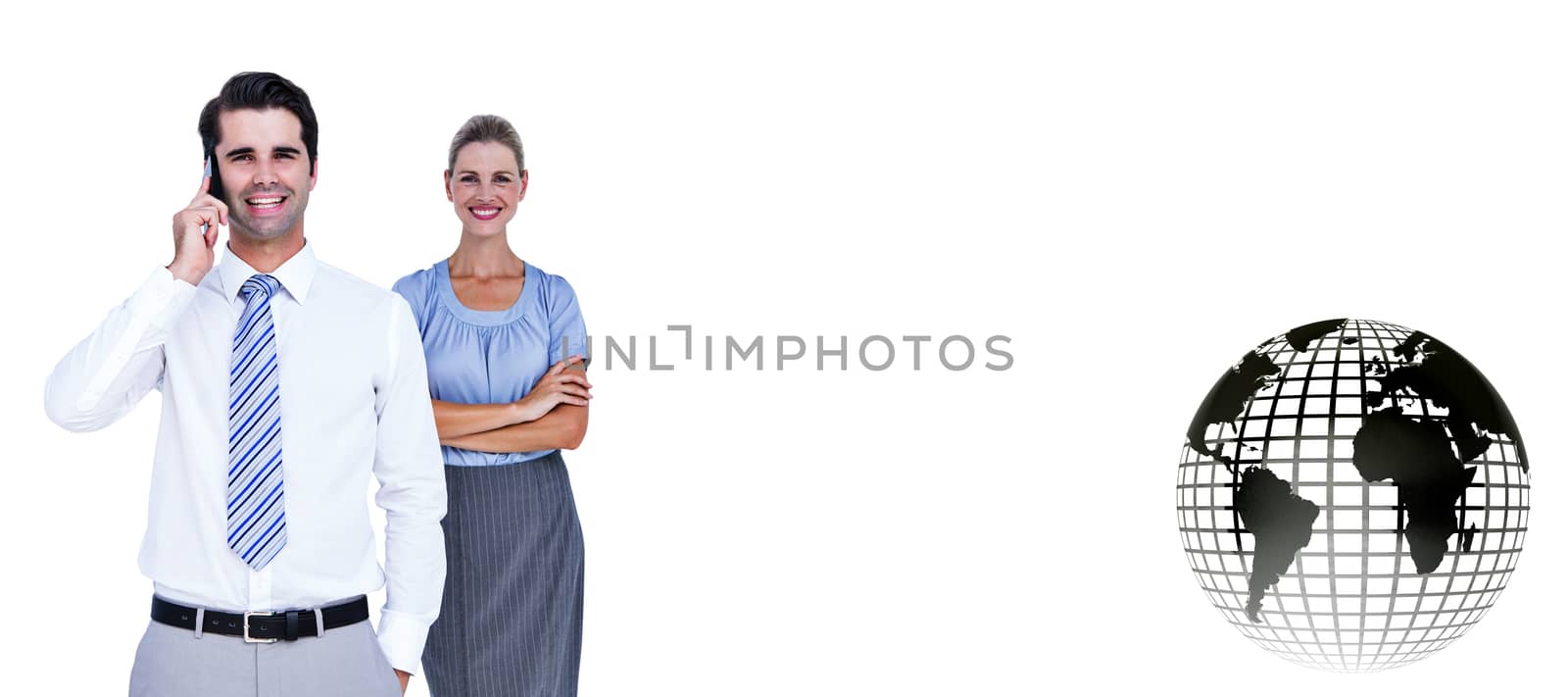 Businessman having phone call while his colleague posing against silver earth