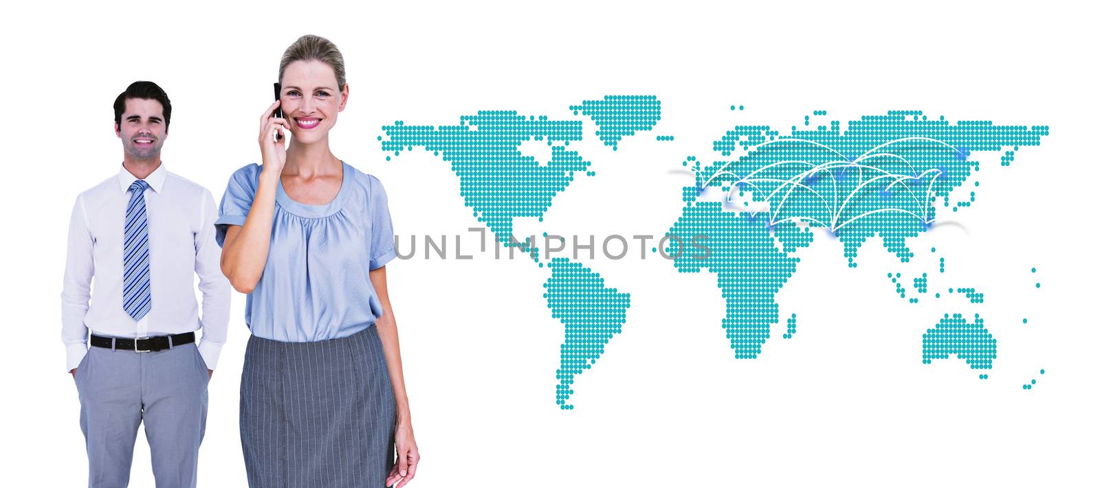 Composite image of businesswoman having phone call while her colleague posing by Wavebreakmedia