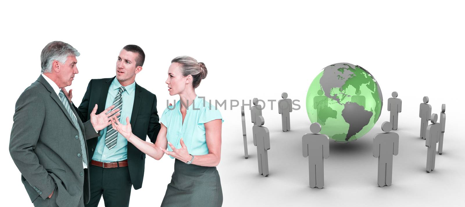 Business people having a disagreement against earth surrounded by men