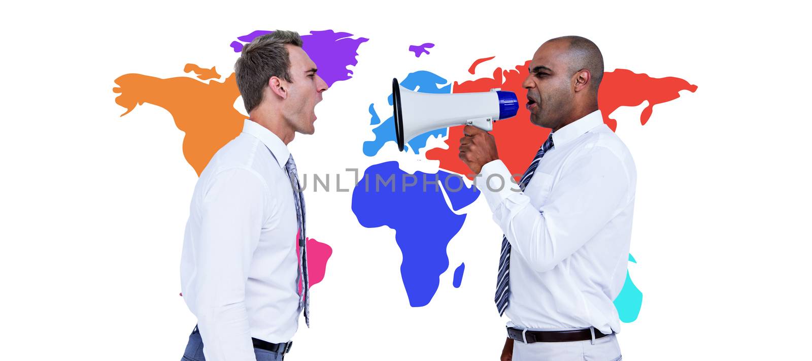 Businessman yelling with a megaphone at his colleague against colourful world map