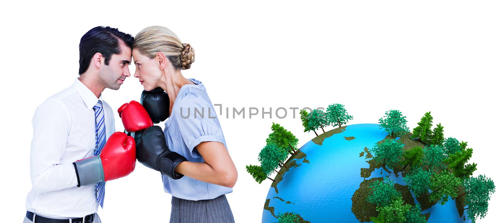 Business people wearing and boxing red gloves against earth with forest