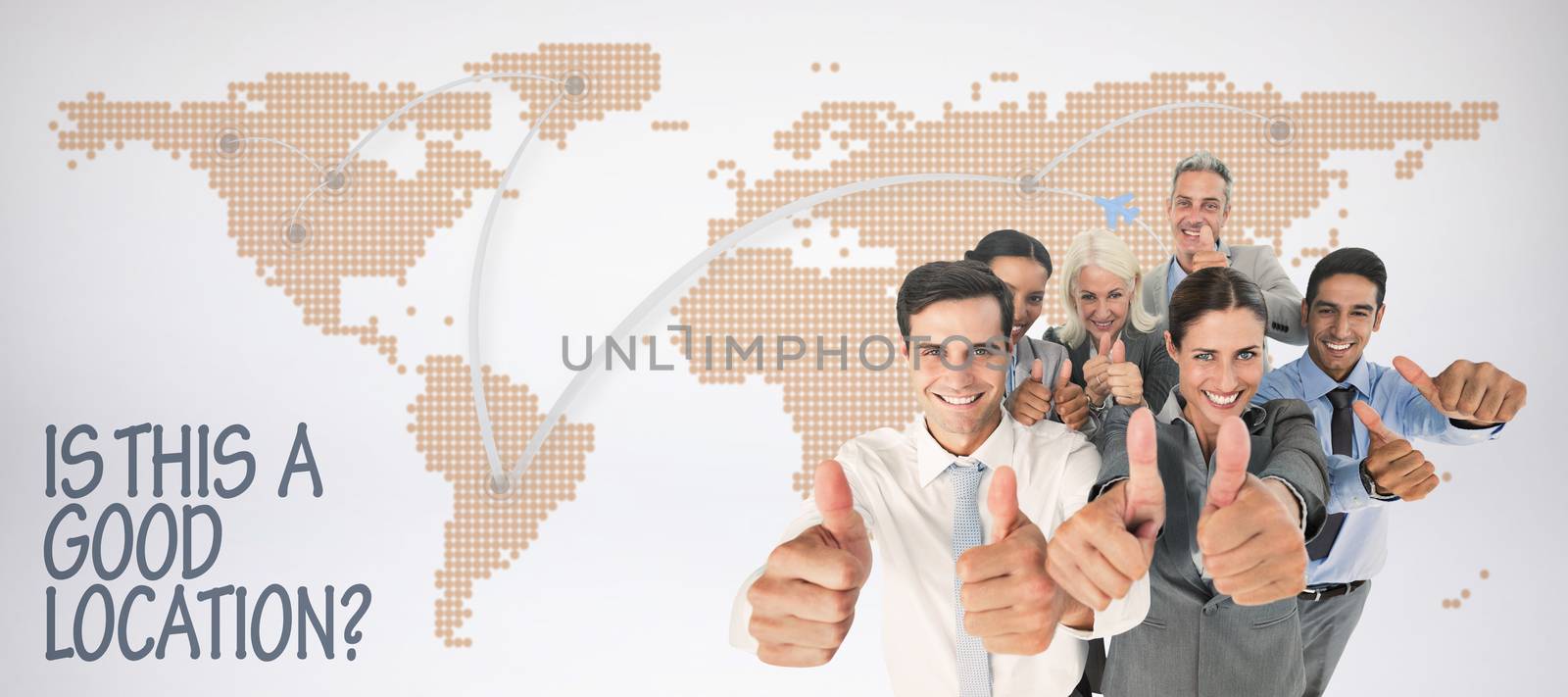 Happy business people looking at camera with thumbs up  against world map with lines