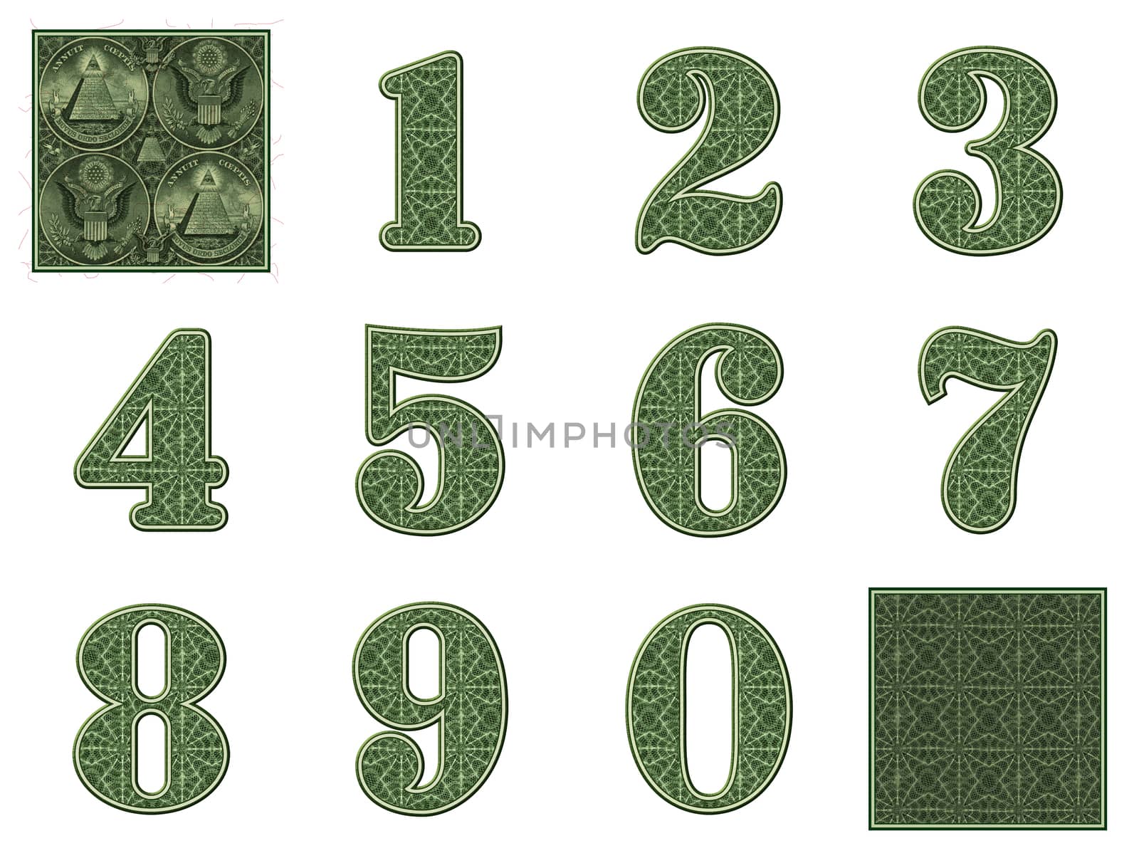 Photo-Illustration using parts of U.S. currency bills retouched and re-illustrated to create money themed numbers 